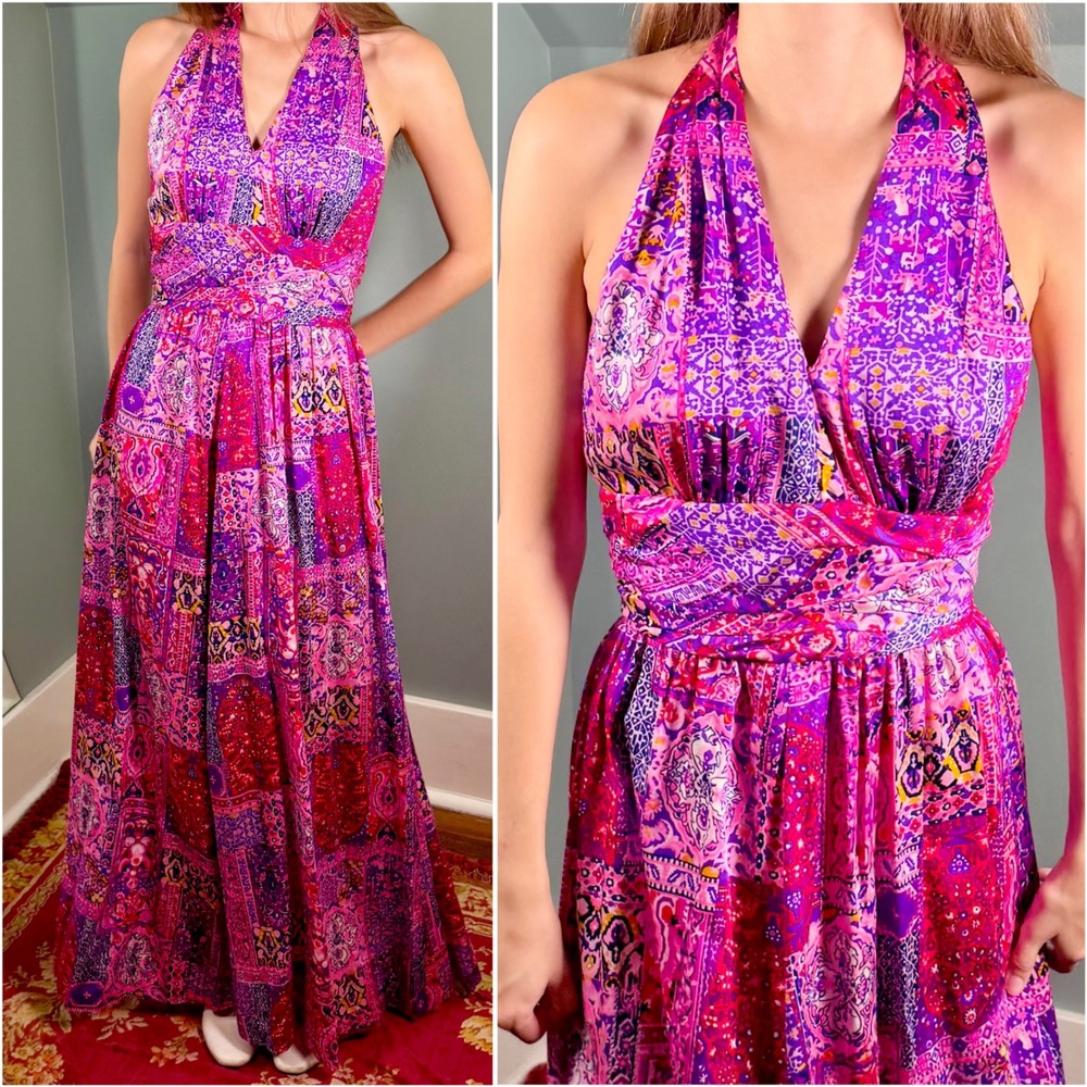 Vintage 1960s Halter Dress Psychedelic Patchwork Pink 60s Novelty Print 70s